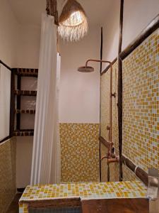 y baño con ducha y cortina de ducha. en Villa Adelina Zanzibar en Zanzíbar