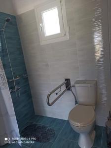 a bathroom with a toilet and a window and a shower at GERANI apartments in Órmos