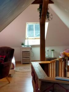 Zimmer im Dachgeschoss mit einem Bett und einem Fenster in der Unterkunft Chambres d'hôtes chez sandrine in Rhinau