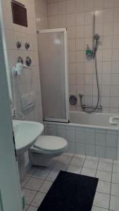 a bathroom with a shower and a toilet and a sink at Esszimmer by F.Müller in Westheim