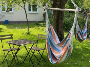 a hammock hanging from a tree with two chairs and a table at Hostel Mamas & Papas in Gdańsk