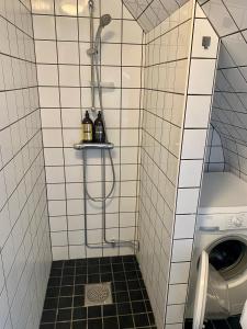 um chuveiro numa casa de banho em azulejo com uma máquina de lavar roupa em Lomma Station Inn em Lomma