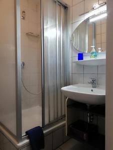 uma casa de banho com um chuveiro e um lavatório. em Kajüthus Apartment 5 em Fehmarn