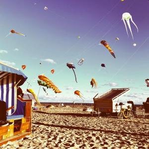 Un gruppo di aquiloni che volano nel cielo sulla spiaggia di Kajüthus Apartment 5 a Fehmarn