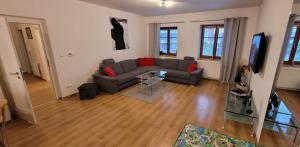 a living room with a couch and a tv at Apartmany U Lva in Prachatice