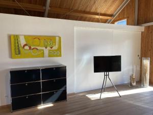 a living room with a tv and a dresser at Ferienhaus Sonnenchalet in Bodman-Ludwigshafen