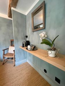 une chambre avec une étagère, un miroir et une plante dans l'établissement Cévennes - Magnifique chambre d'hôtes, indépendante et moderne, à Monoblet