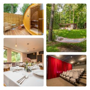 a collage of photos with a house in the woods at Natura Ferienpark - Bungalows am Grimnitzsee Schorfheide in Althüttendorf