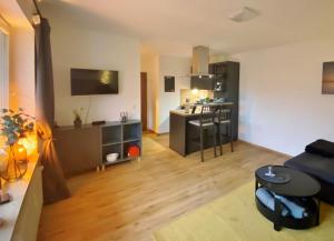 un petit salon avec une cuisine et un salon dans l'établissement Appartement Aussen PFUI - Innen HUI, à Willingen