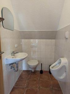 a bathroom with a sink and a toilet and a urinal at Jelle-von-der-Welle in Wulfen auf Fehmarn