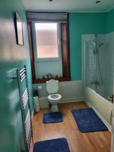 a bathroom with a toilet and a window and blue rugs at Homely Apartment near the Beach with Mini Luxuries in Methil