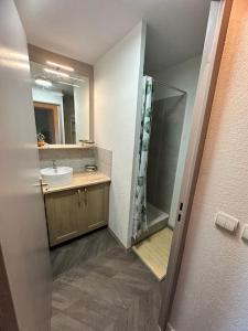 een badkamer met een wastafel, een douche en een spiegel bij La baleine verte in Calvisson