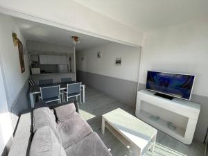 salon z kanapą, telewizorem i stołem w obiekcie T2 lumineux 4 pers, parking sécurisé, proche port et plage - St-Cyprien - FR-1-106-30 w mieście Saint-Cyprien