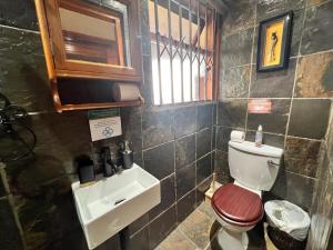 y baño con aseo y lavamanos. en Knysna Lodge - Self Catering Unit with Woodfired Hot Tub en Knysna