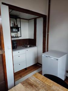 una pequeña cocina con fregadero y nevera. en Alojamento Casa do Cabeço Alombada, en Macinhata do Vouga