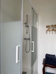 a bathroom with a shower with a glass door at La Maison d’Hortense et Lili in Allemans +52 photos