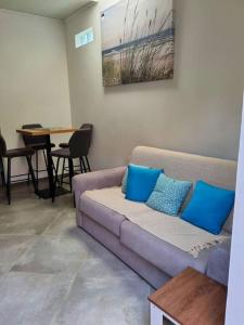 a living room with a purple couch with blue pillows at Charmant logement à l'Ermitage les bains in La Saline les Bains +1 photo