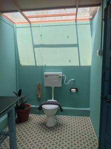 a bathroom with a toilet in a blue room at Bohemyan Blue Stay in Alibaug