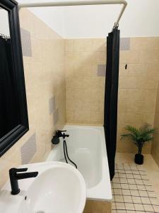 ein Badezimmer mit einem Waschbecken und einer Badewanne in der Unterkunft Charm Boutique Apartment in Budapest