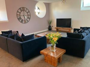 a living room with two blue couches and a television at Kirkview in Johnshaven