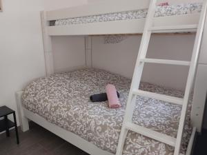 Dormitorio con litera con escalera y almohada rosa en Appartement Havre de paix Landais en Saint-Barthélemy