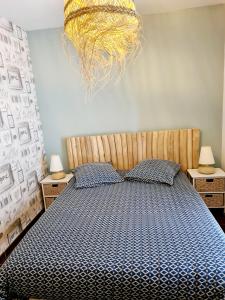 1 dormitorio con cama y lámpara de araña en Le Domaine de Kerlys, en Briec
