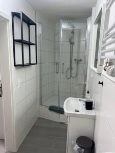 ein weißes Bad mit einer Dusche und einem Waschbecken in der Unterkunft Ullis Pension für Monteure & Handwerker in Malsch