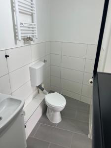 ein weißes Bad mit einem WC und einem Waschbecken in der Unterkunft Ullis Pension für Monteure & Handwerker in Malsch