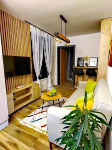 ein Wohnzimmer mit einem weißen Sofa und einem TV in der Unterkunft Apartman 12 - Jahorina in Jahorina
