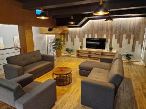 sala de estar con 2 sofás y TV de pantalla plana en Apartmani New York, en Nova Gradiška