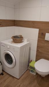 uma casa de banho com uma máquina de lavar roupa e um WC em Urokliwy drewniany dom z widokiem na Tatry em Tokarnia