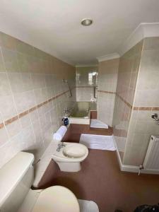 ein Badezimmer mit einem WC, einem Waschbecken und einer Badewanne in der Unterkunft Great Pulteney St. Maisonette (parking) in Bath