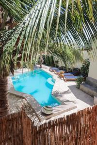 - une piscine avec un palmier dans l'arrière-cour dans l'établissement UVIVU by Jambiani Villas, à Jambiani