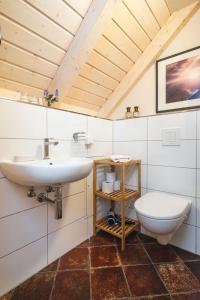 ein Bad mit einem Waschbecken und einem WC in der Unterkunft Ferienwohnungen Alte Destillerie Rathen in Rathen
