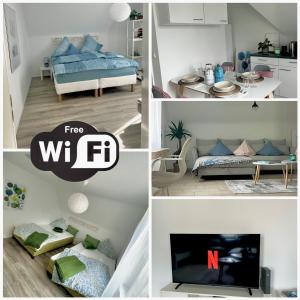 un collage de fotos de una habitación con cama y TV en Meerdesign - 8 Personen - zwischen Mannheim und Heidelberg, en Ladenburg