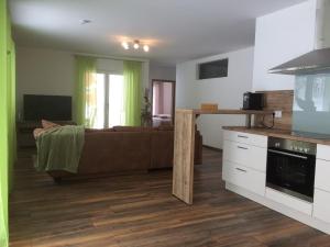 ein Wohnzimmer mit einem braunen Sofa und einer Küche in der Unterkunft Appartementhaus Angelika in Nittenau