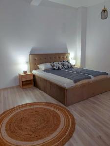 a bedroom with a large bed and a rug at InTown in Constanţa