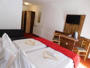 a hotel room with two beds and a television at Alpenhotel & Aparthotel Lanz in Hohentauern