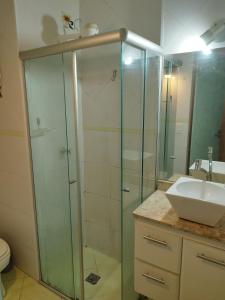 y baño con ducha acristalada y lavamanos. en Flat Aconchegante na Asa Sul, en Brasilia