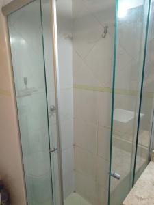 y baño con ducha y puerta de cristal. en Flat Aconchegante na Asa Sul, en Brasilia
