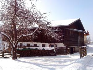 un granero cubierto de nieve con un árbol delante de él en Libiseller Anita Biobauernhof UNTERHUB, en Taxenbach