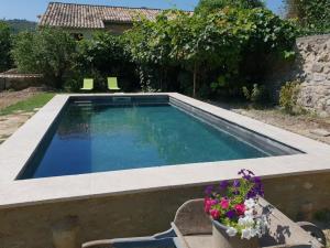 una piscina en un patio con una mesa y flores en Nice provençal holiday home with garden and pool, Mollans-sur-Ouvèze, en Mollans-sur-Ouvèze