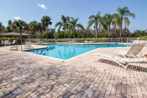 a swimming pool with two lawn chairs and palm trees at Canopy on Cobblestone in Wesley Chapel