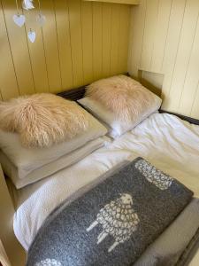 two beds in a room with two pillows and a rug at 5 Star Shepherds Hut in Betws y Coed with Mountain View in Capel-Curig