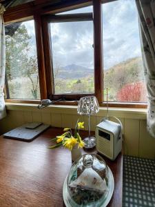 a room with a window and a table with a microwave at 5 Star Shepherds Hut in Betws y Coed with Mountain View in Capel-Curig