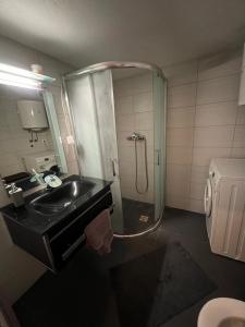 a bathroom with a shower and a sink and a mirror at Apartman Happiness in Sarajevo