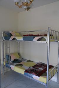 two bunk beds in a room with a ceiling at Sakhra hostel in Dubai
