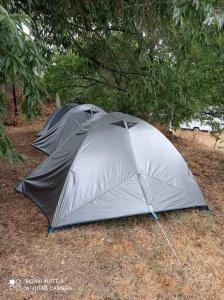 camping yaso-guara في Yaso: اثنين من المظلات السوداء جالسة على الأرض تحت الأشجار