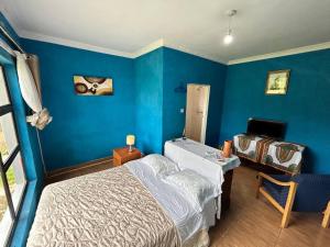 Schlafzimmer mit blauen Wänden, einem Bett und einem Schreibtisch in der Unterkunft Main Stream Beach Villa in Senga