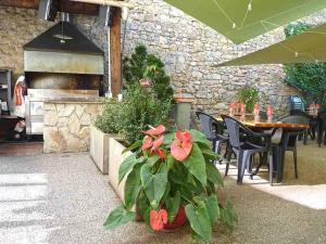 un patio con una mesa y una planta con flores en Hôtel Restaurant des Voyageurs, en Nant